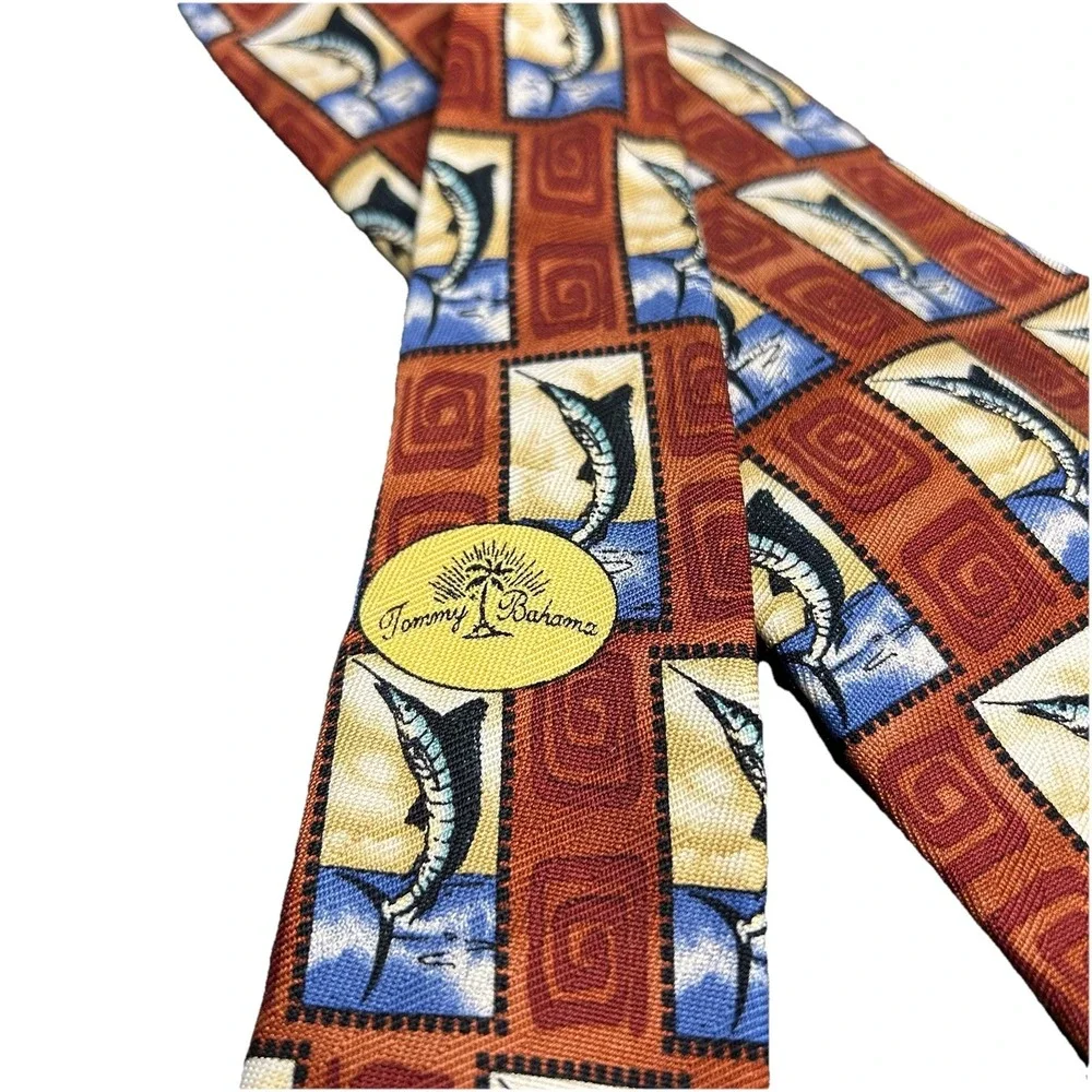 Vintage Tommy Bahama Marlin Postage Stamp Silk Necktie Handmade USA Red Wide Tie